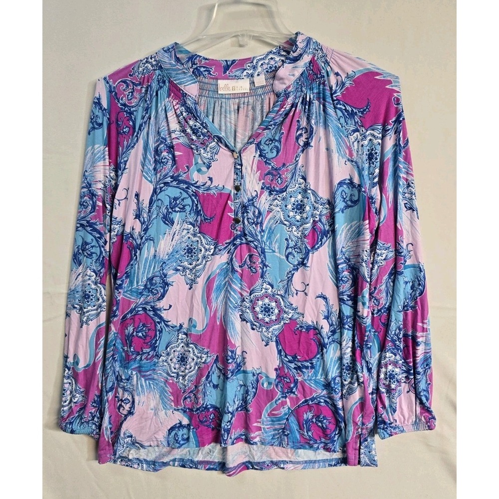 Belle by Kim Gravel Shirt Womens Size L Blue Pink Long Sleeve Henley Blouse Top